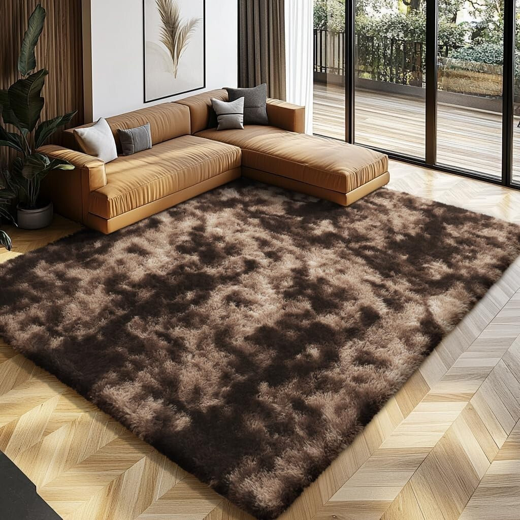 Elegant 9X12 Feet High Pile Shag Rug - Luxurious Mottling Brown for Bedrooms
