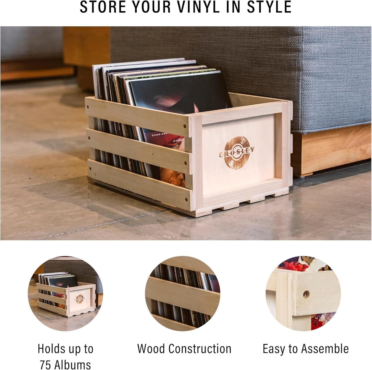Elegant Natural Wood Vinyl Album Holder - Records Storage Crate for 75 Albums