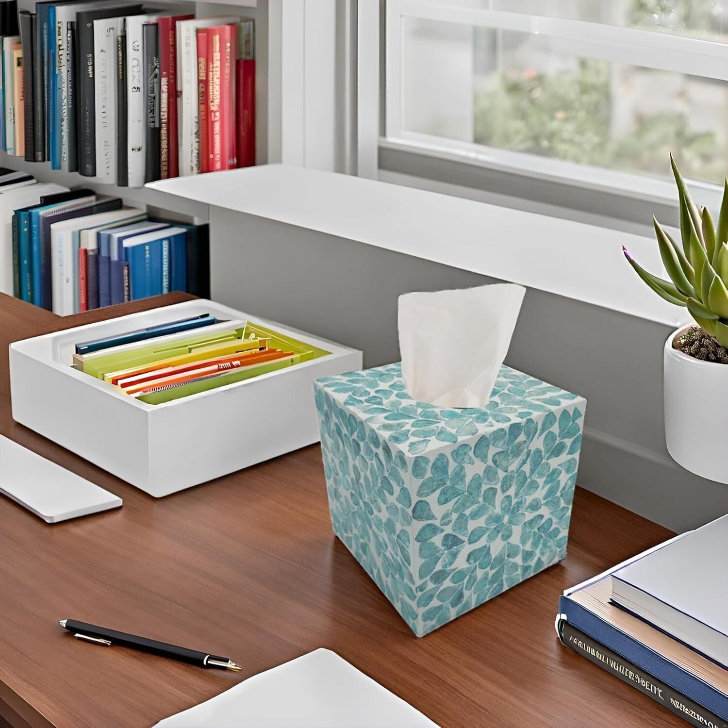 5.9-Inch Mother of Pearl Cube Tissue Box Cover - Rustic Teal Floral Decor