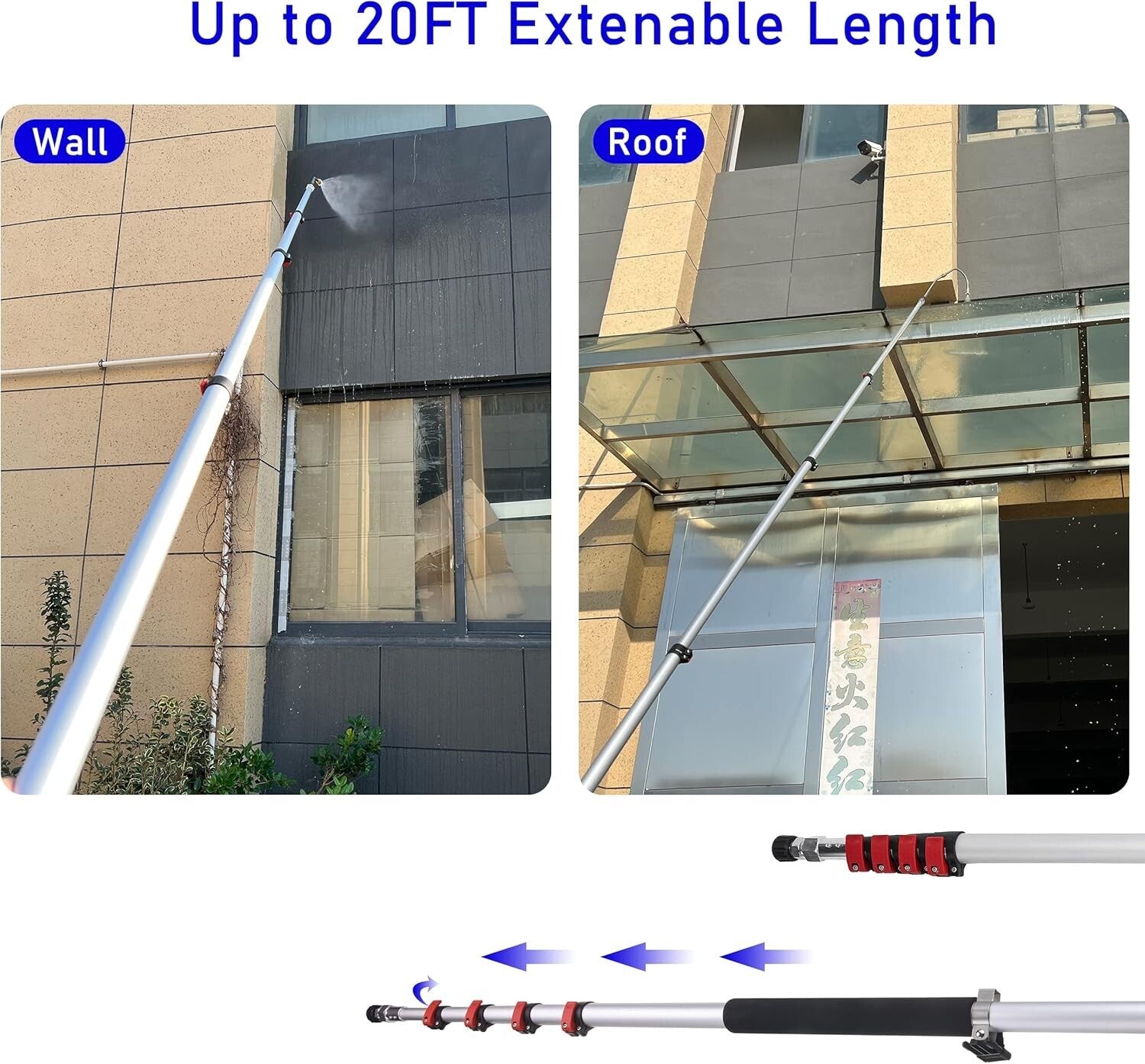 20FT Pressure Washer Telescoping Wand Set with Gutter Cleaner and Support Belt