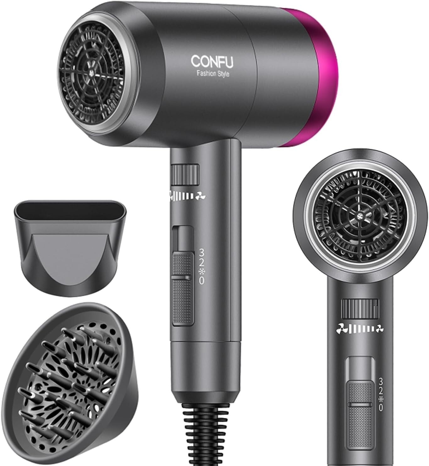 Ionic Blow Dryer 1600W - Portable Lightweight Hair Dryer with Diffuser & Nozzle