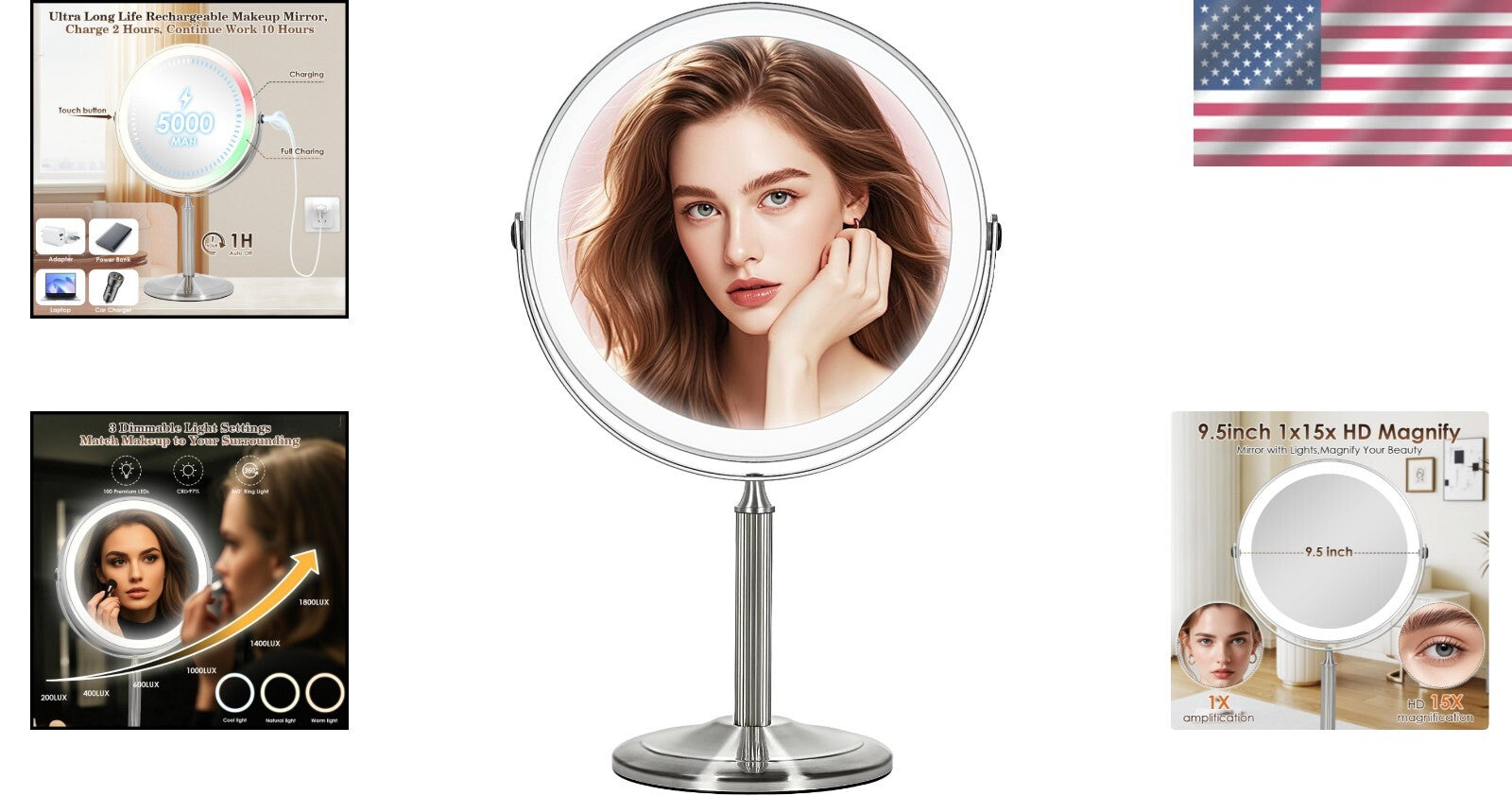 Lighted 9" Travel Makeup Mirror with 15X Magnification - Elegant Pearl Nickel