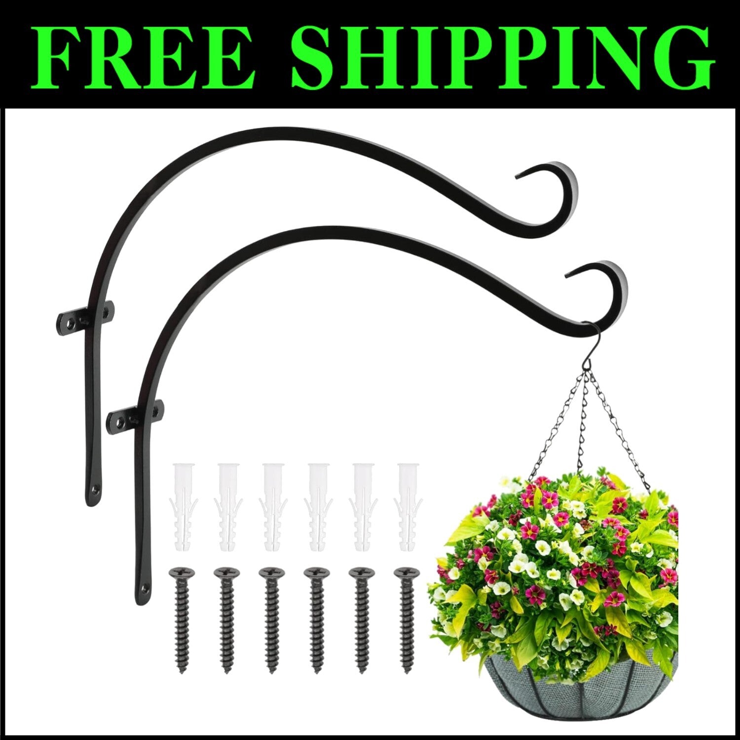 Set of 2 Heavy Duty 18 Inch Outdoor Plant Hooks - Rust Resistant Wall Mount