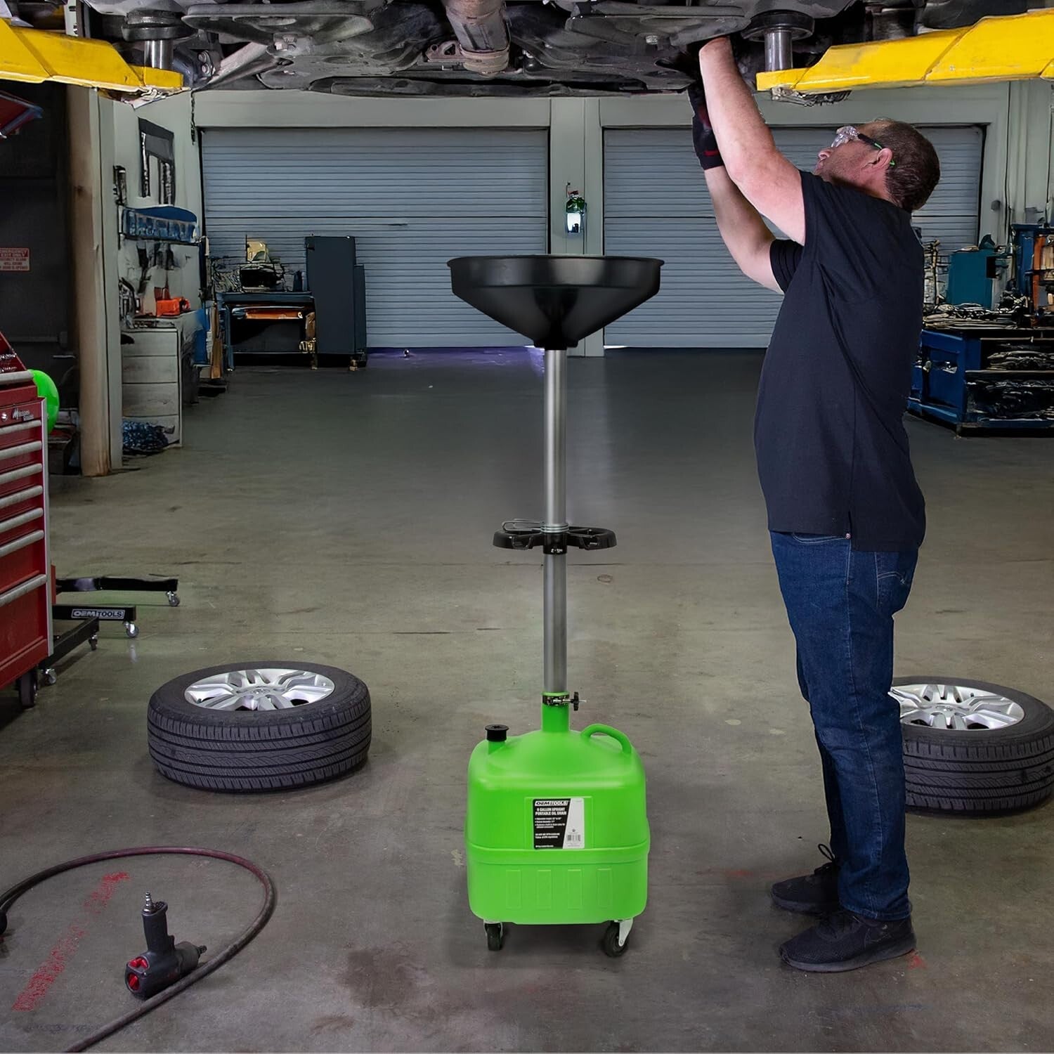 Portable Oil Drain Container with 17" Funnel & Heavy-Duty Casters for Easy Use