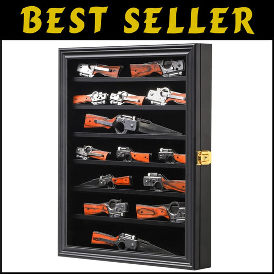 UV-Protected Knife Shadow Box Cabinet with Anti-Theft Features - Black Wood