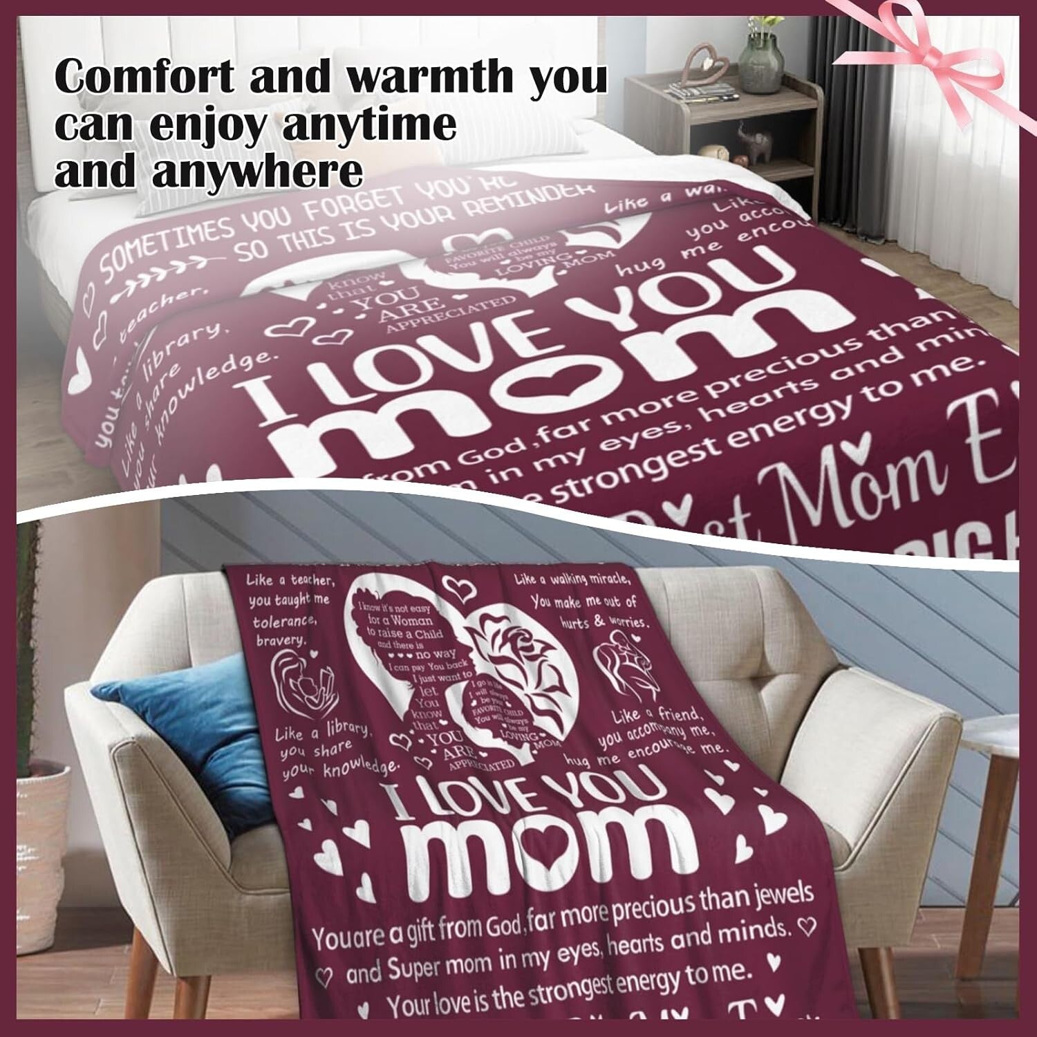 Premium I Love You Mom Blanket - Cozy, Machine Washable, Perfect for All Seasons