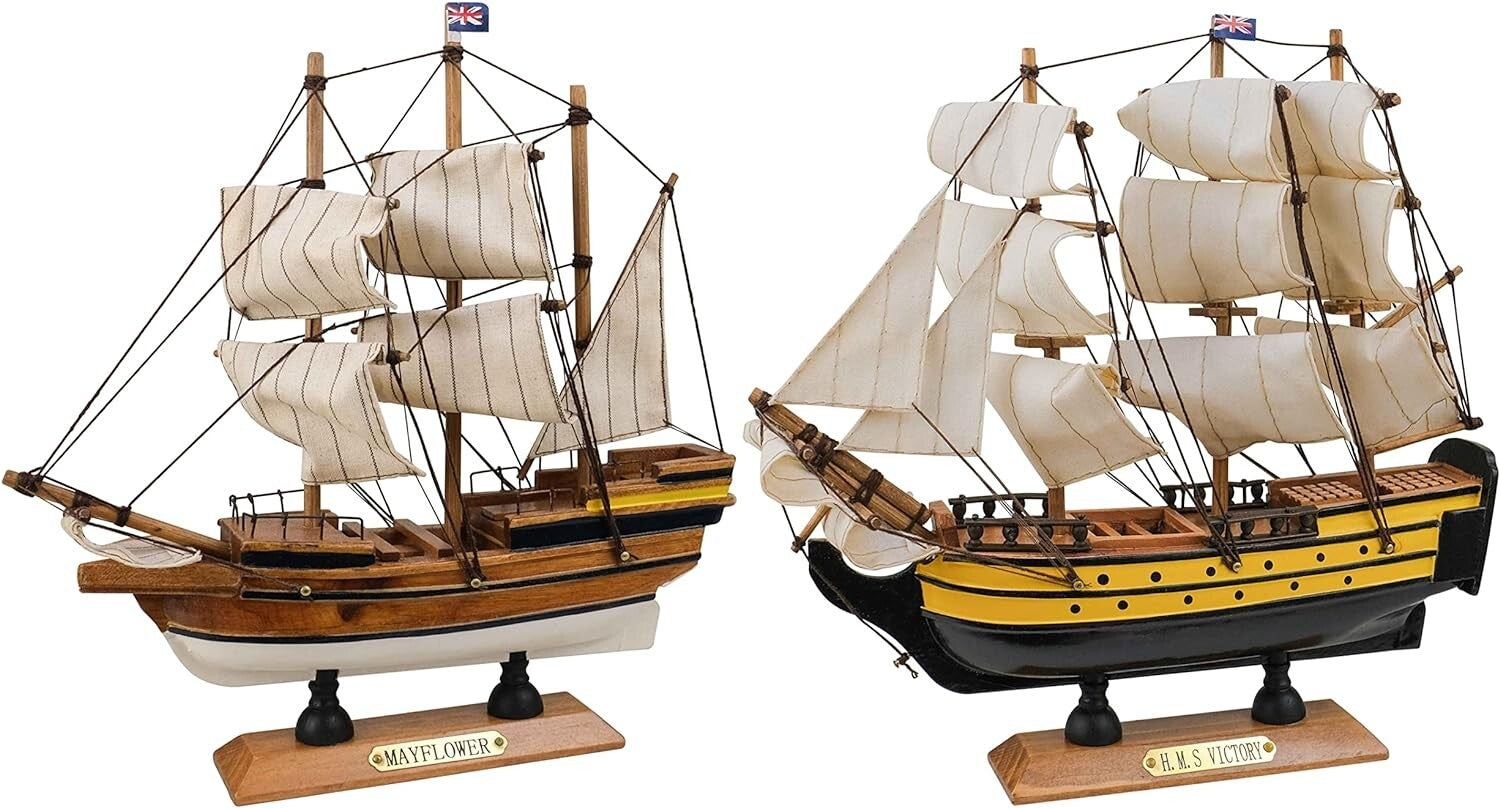 Fully Assembled Mayflower & Victory Model Ships - Nautical Decor Set (2 Pack)