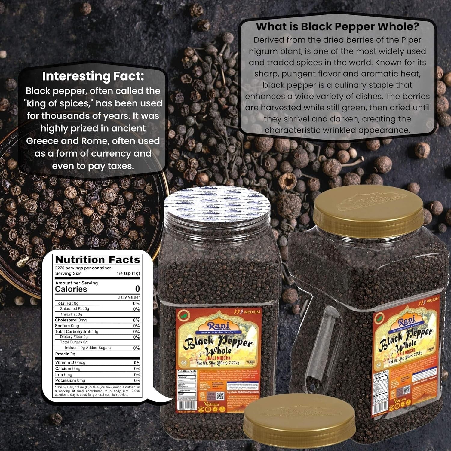 80oz MG-1 Gourmet Black Pepper Whole Peppercorns - All Natural & Gluten Friendly