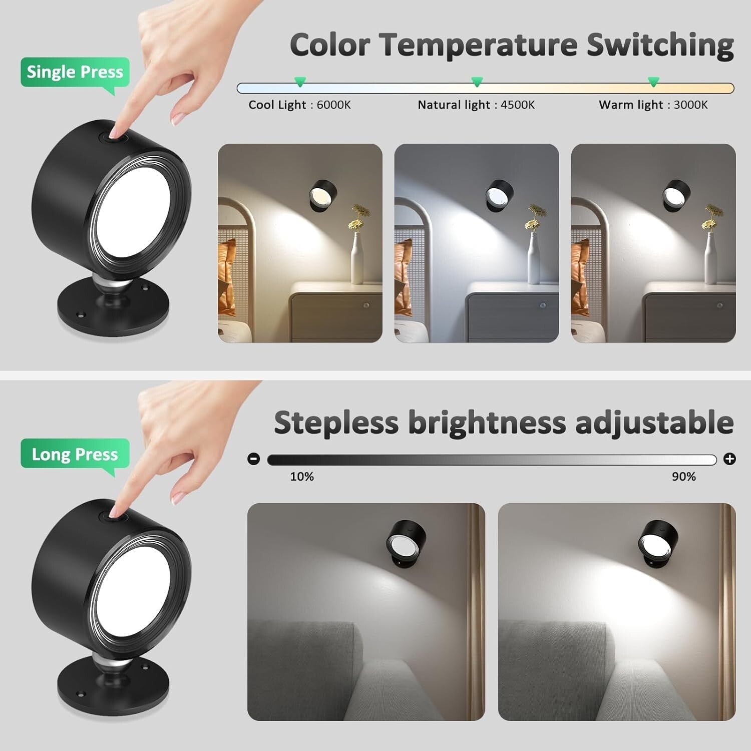 Art Deco LED Wall Lights - 3-Piece Cordless with 360° Rotation & Remote Control