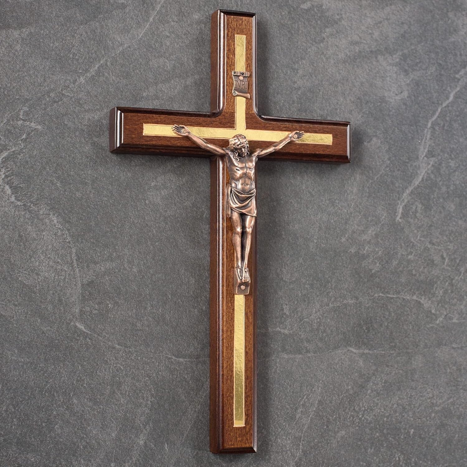 12-Inch Elegant Crucifix Wall Cross - Solid Hardwood with Copper Jesus & Rosary