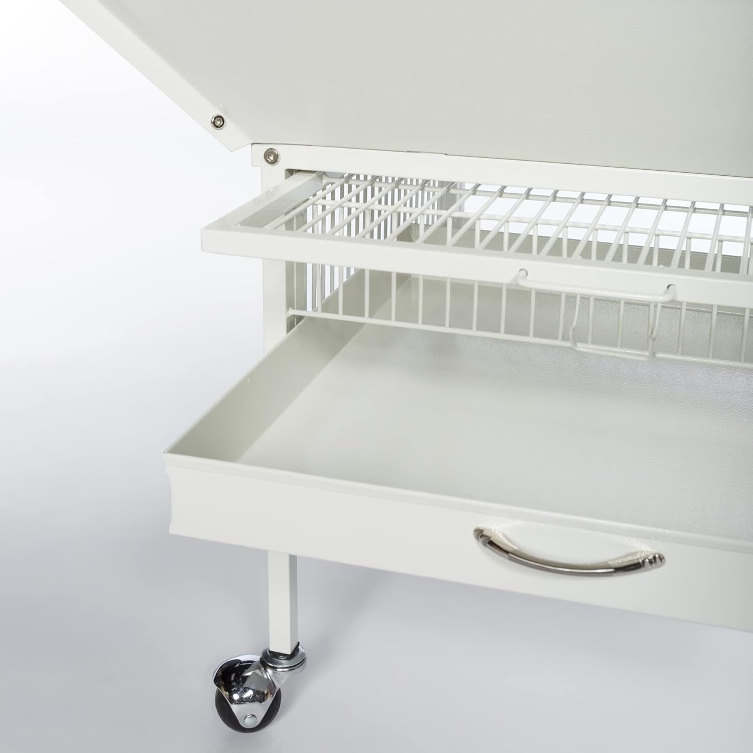 Chalk White Wrought Iron Bird Cage with Rounded Seed Guards and Rolling Stand