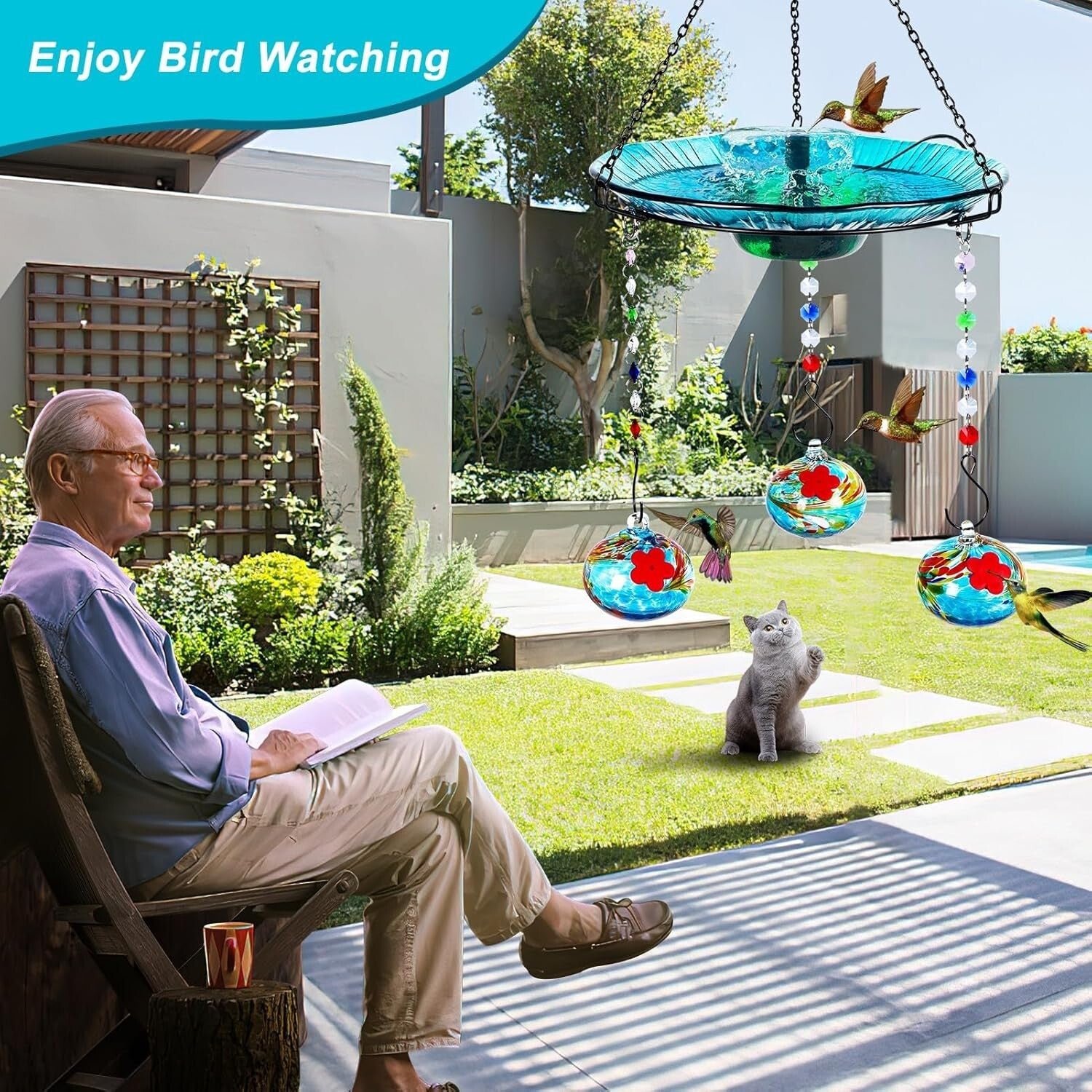 Luxury Hanging Bird Feeder and Bath for Hummingbirds - Solar Fountain Included