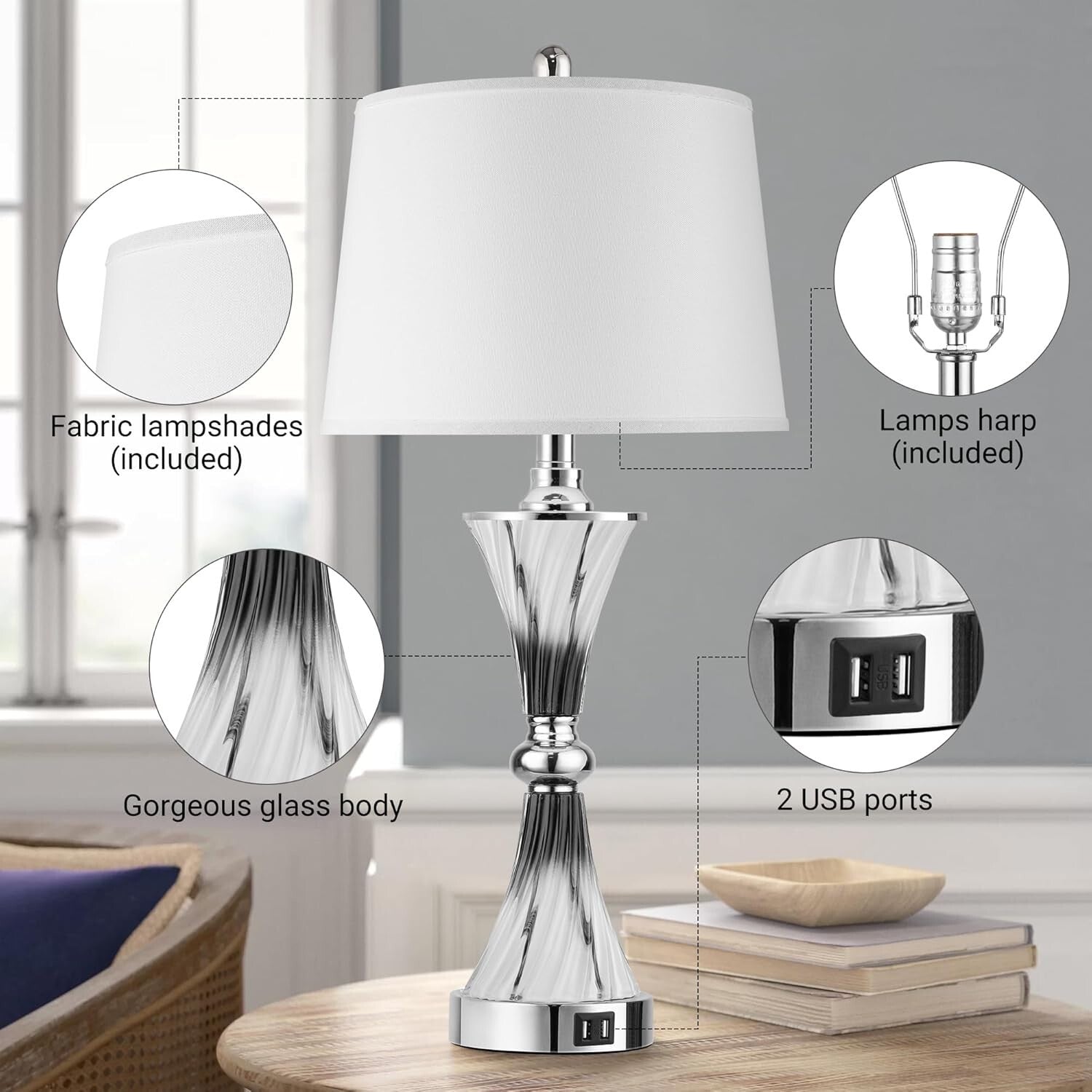 Elegant 3-Way Dimmable Touch Glass Lamps Set of 2 with USB Ports - Dark Grey