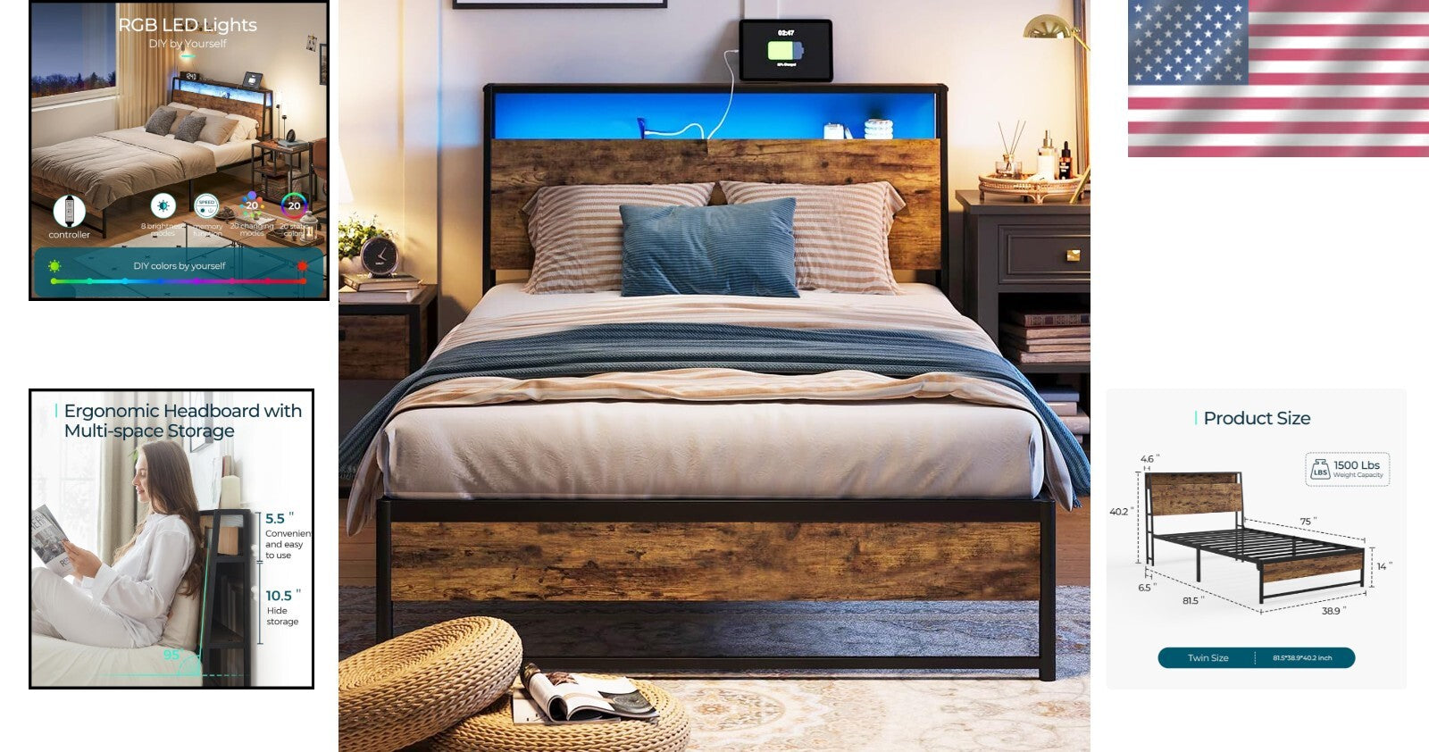Heavy-Duty Twin Bed Frame with Stylish Ergonomic Headboard & Under-Bed Storage