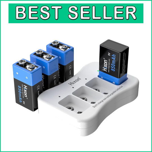 Fast-Charging 9V Battery Set - 850mAh Rechargeable Lithium Pack with Charger