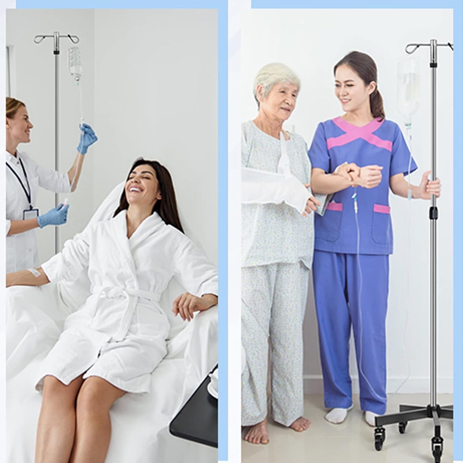 Portable Stainless Steel IV Pole - 2 Hooks, Adjustable Height & Wheels