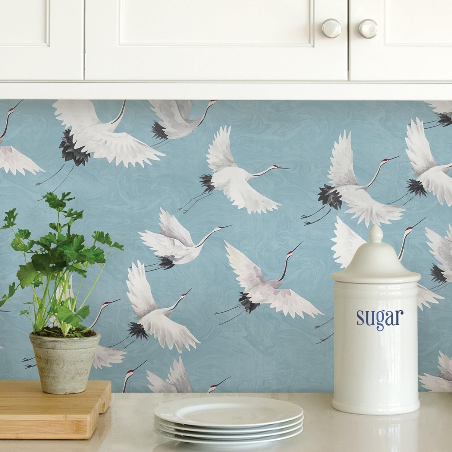 Elegant Halcyon Blue Peel & Stick Wallpaper with Crane Design - 20.5'' x 216''