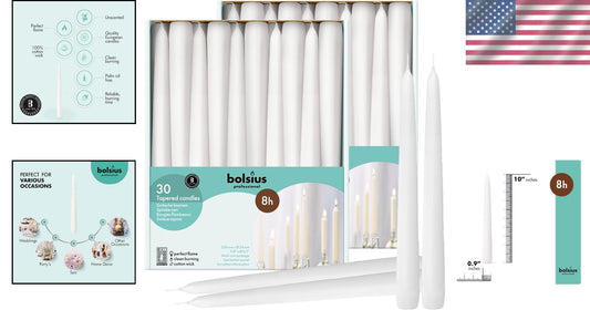 Elegant 60-Pack 10-Inch Long-Lasting Smokeless White Taper Candles - 8 Hour Burn