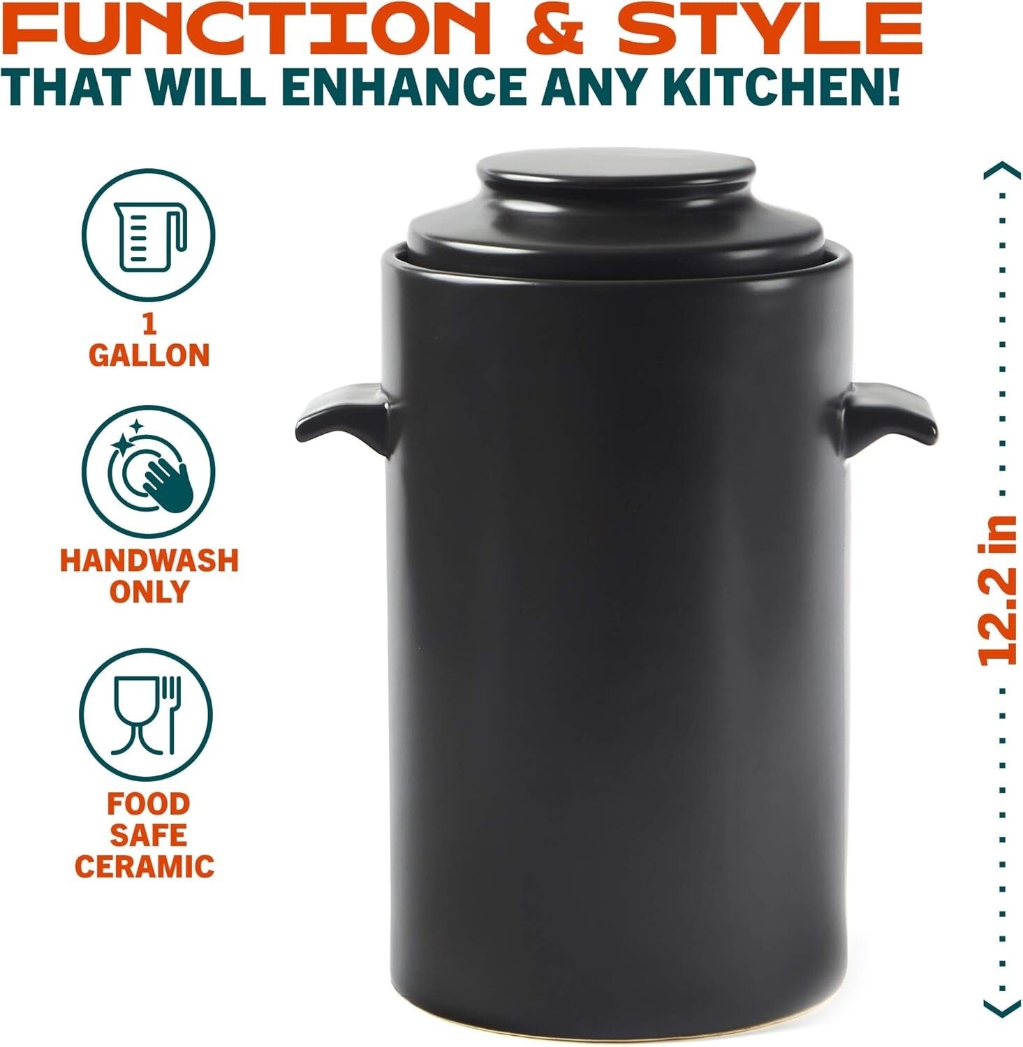 Versatile 1 Gallon Sauerkraut and Kimchi Jar with Acacia Pounder & Recipe Guide