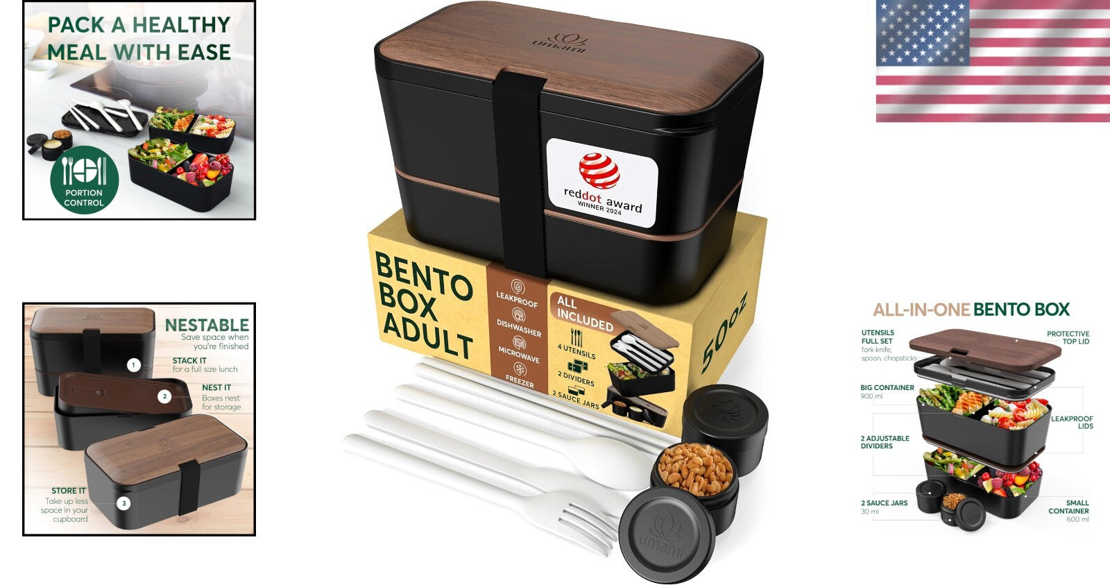 Stylish Leakproof Bento Box with Utensils & sauce jars - 50 oz Lunch Container