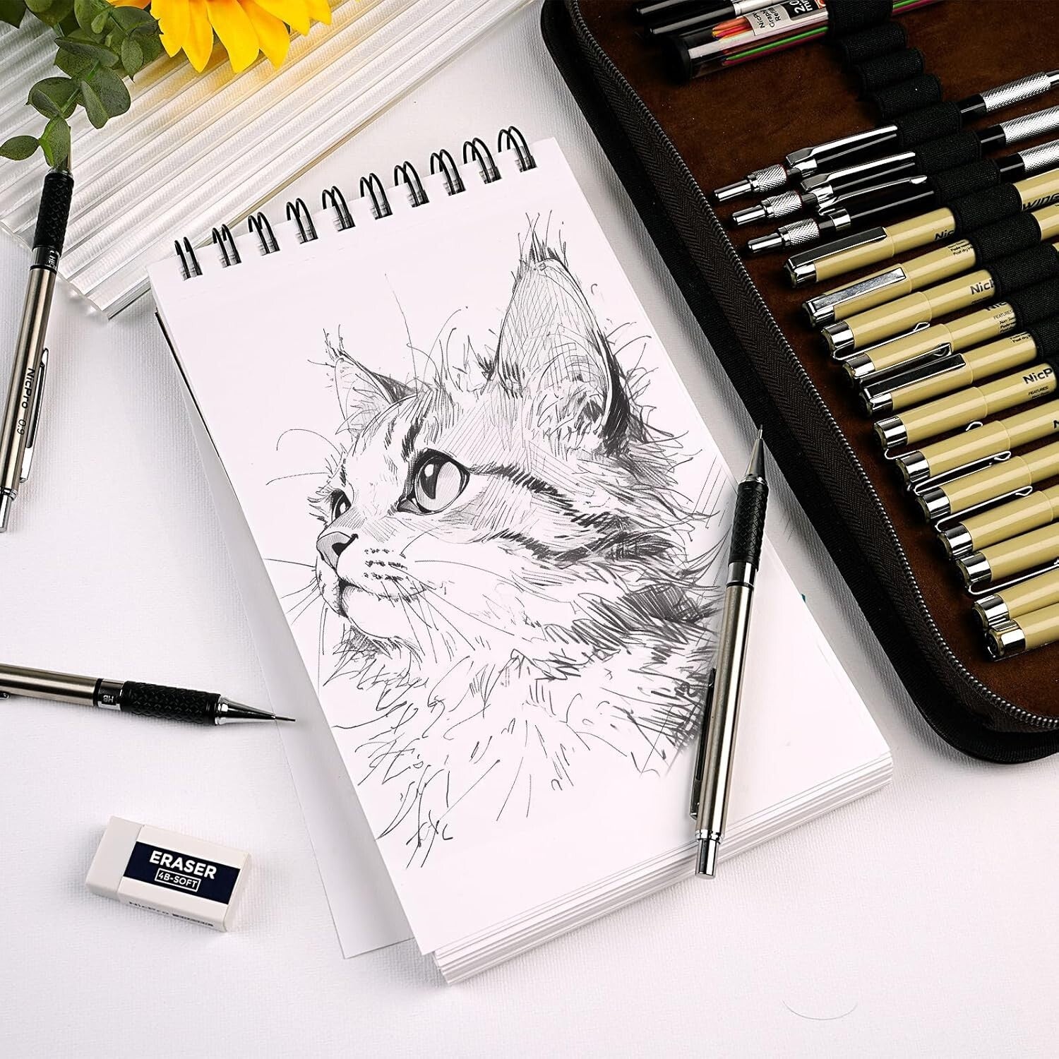 All-in-One 58PCS Drawing Supplies with Leather Case - Mechanical Pencils & More