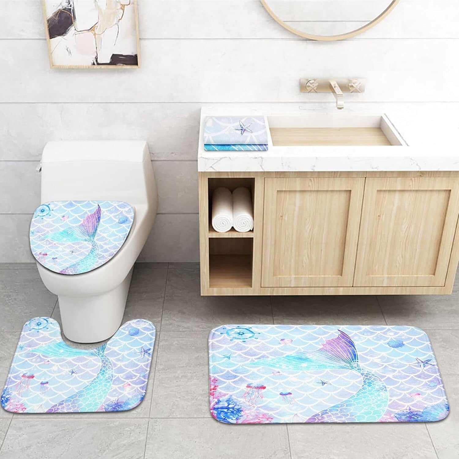 Delightful 7-Piece Mermaid Bathroom Set: Shower Curtain, Rugs & Towels Included