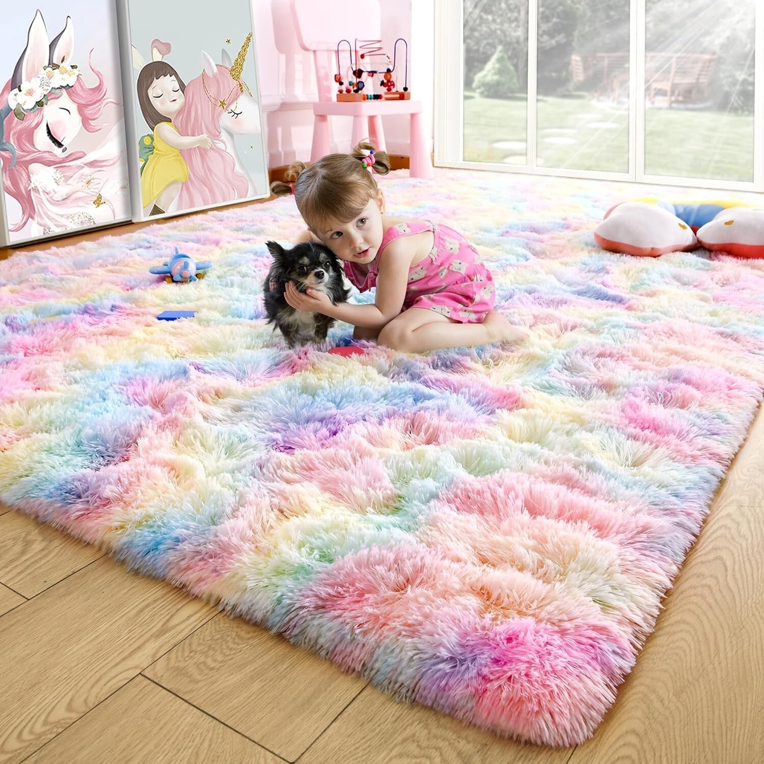 Fluffy Rainbow Area Rug 5x8 Feet - Perfect for Kids' Playroom & Nursery Decor