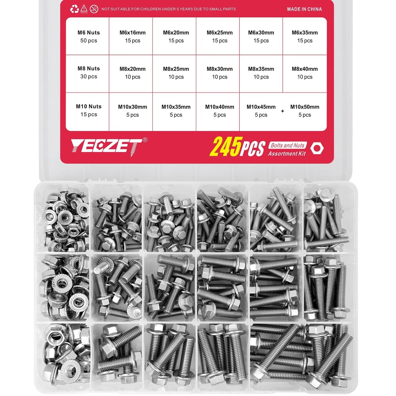 15 Size Metric Flanged Bolt & Nut Kit - Corrosion-Resistant 304 Stainless Steel