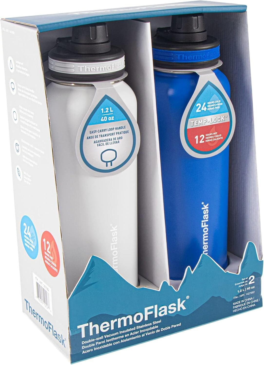 2 Pack 40oz Stainless Steel Insulated Water Bottles - Cold 24 Hours, Leak-proof