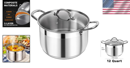 12 Quart Stainless Steel Stock Pot with Glass Lid - Heavy Duty & Nonstick