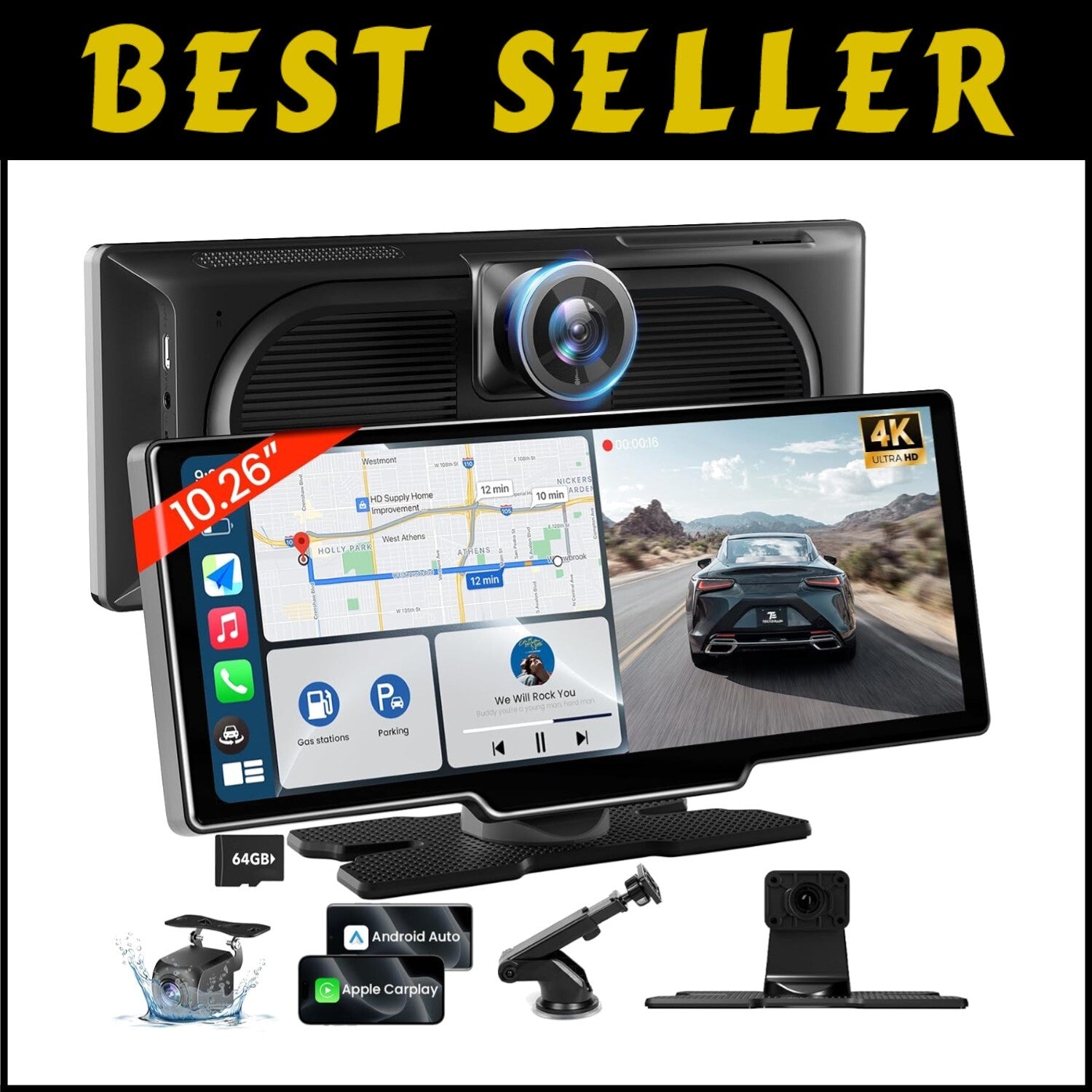 Innovative 10.26'' Wireless Car Audio Receiver with 4K Dash Cam & GPS Navigation