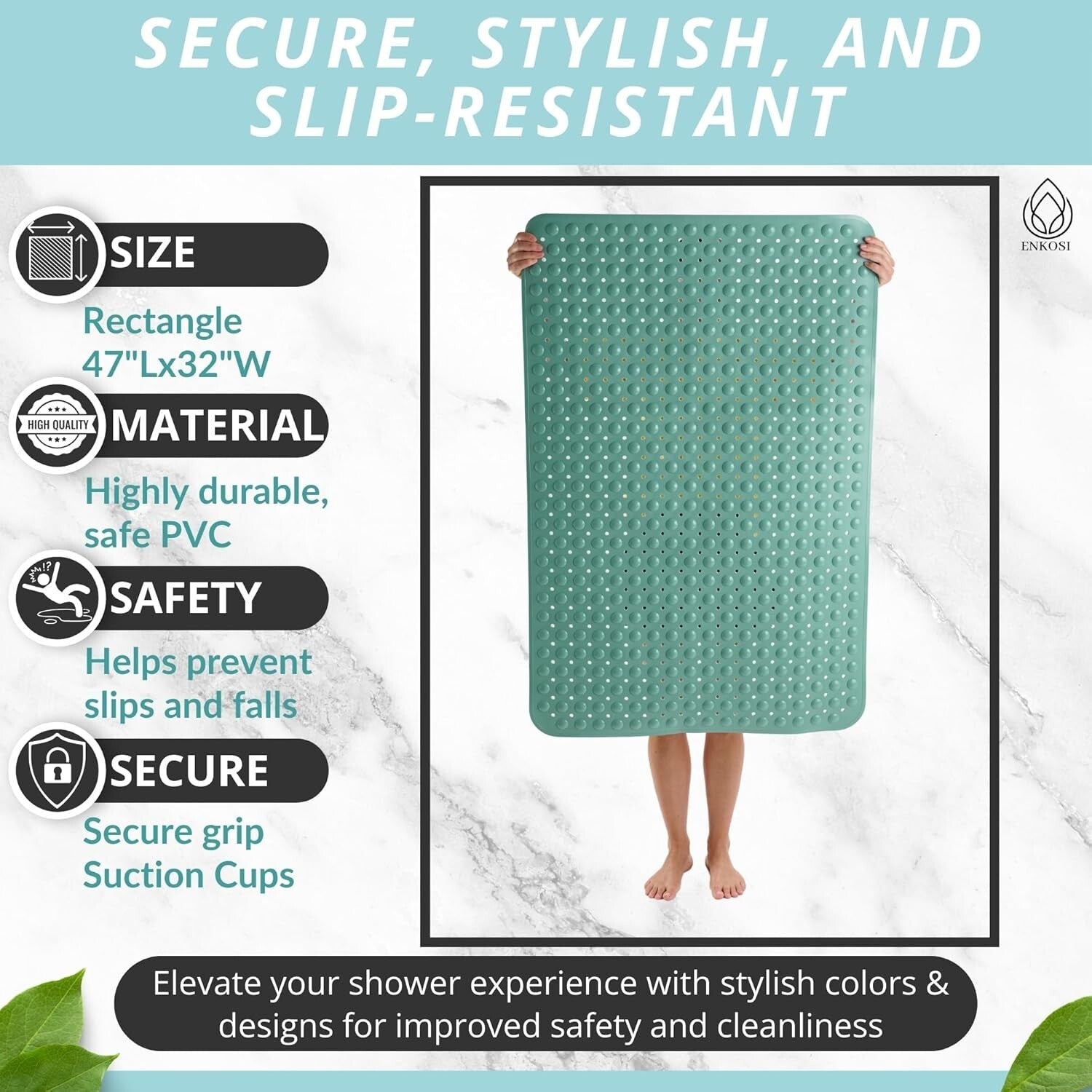 Extra Large Non-Slip Shower Mat 47 x 32 - Aqua Green Bath Safety Solution