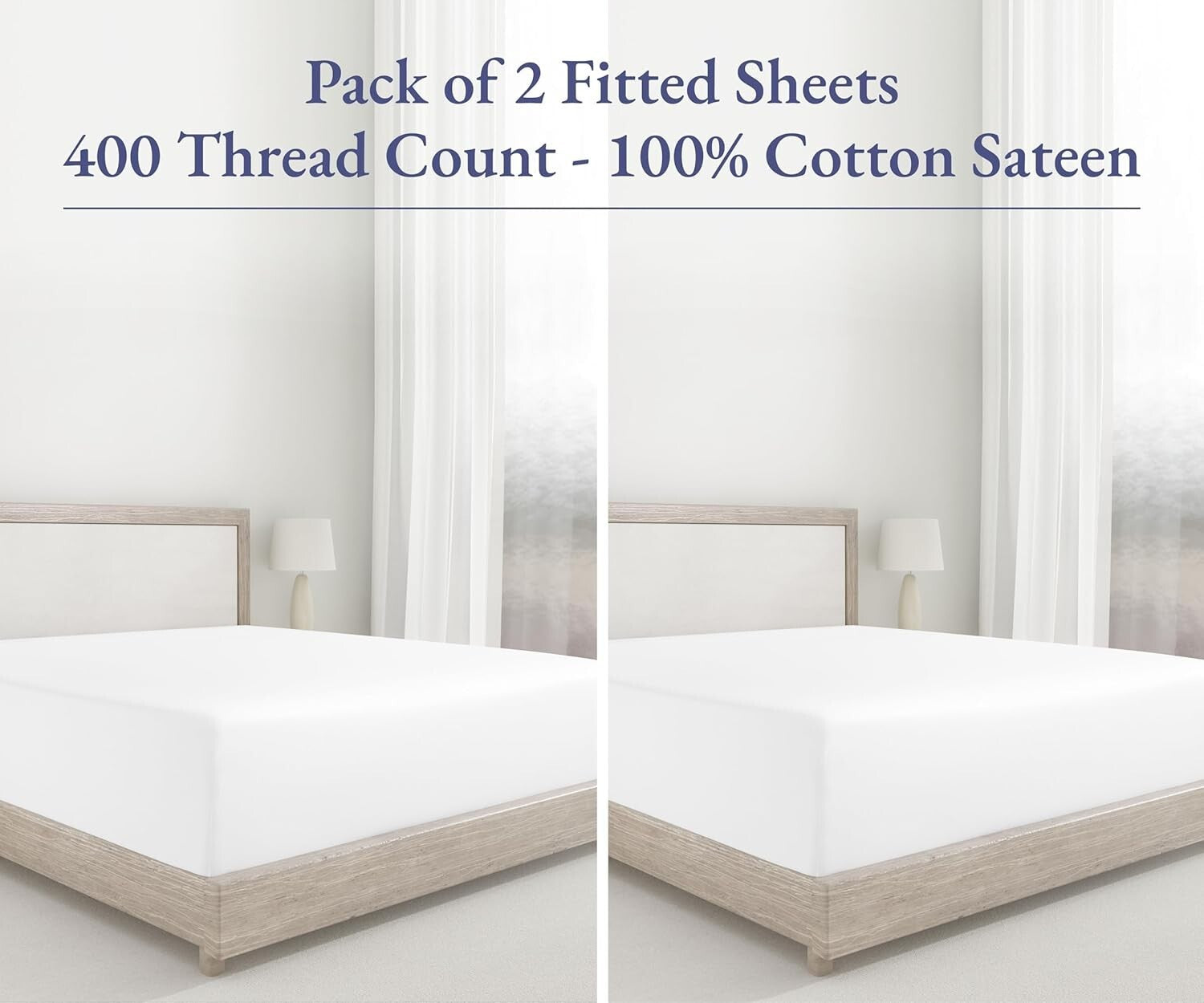 Comfortable King Size Fitted Sheets, 2-Pack 400 TC Cotton Sateen Bright White
