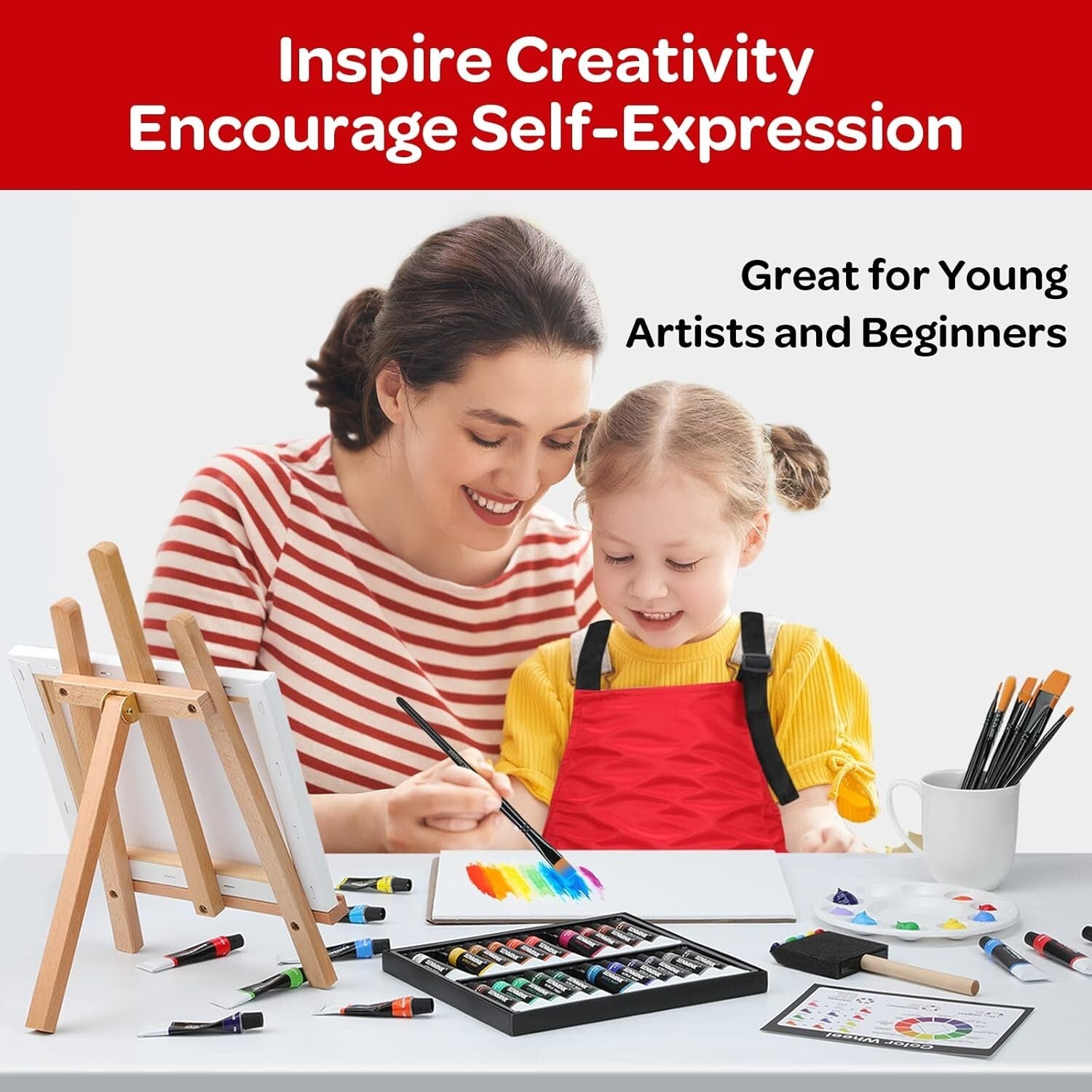 All-in-One 59-Piece Acrylic Paint Set with Easel, Brushes, and Canvas for Kids