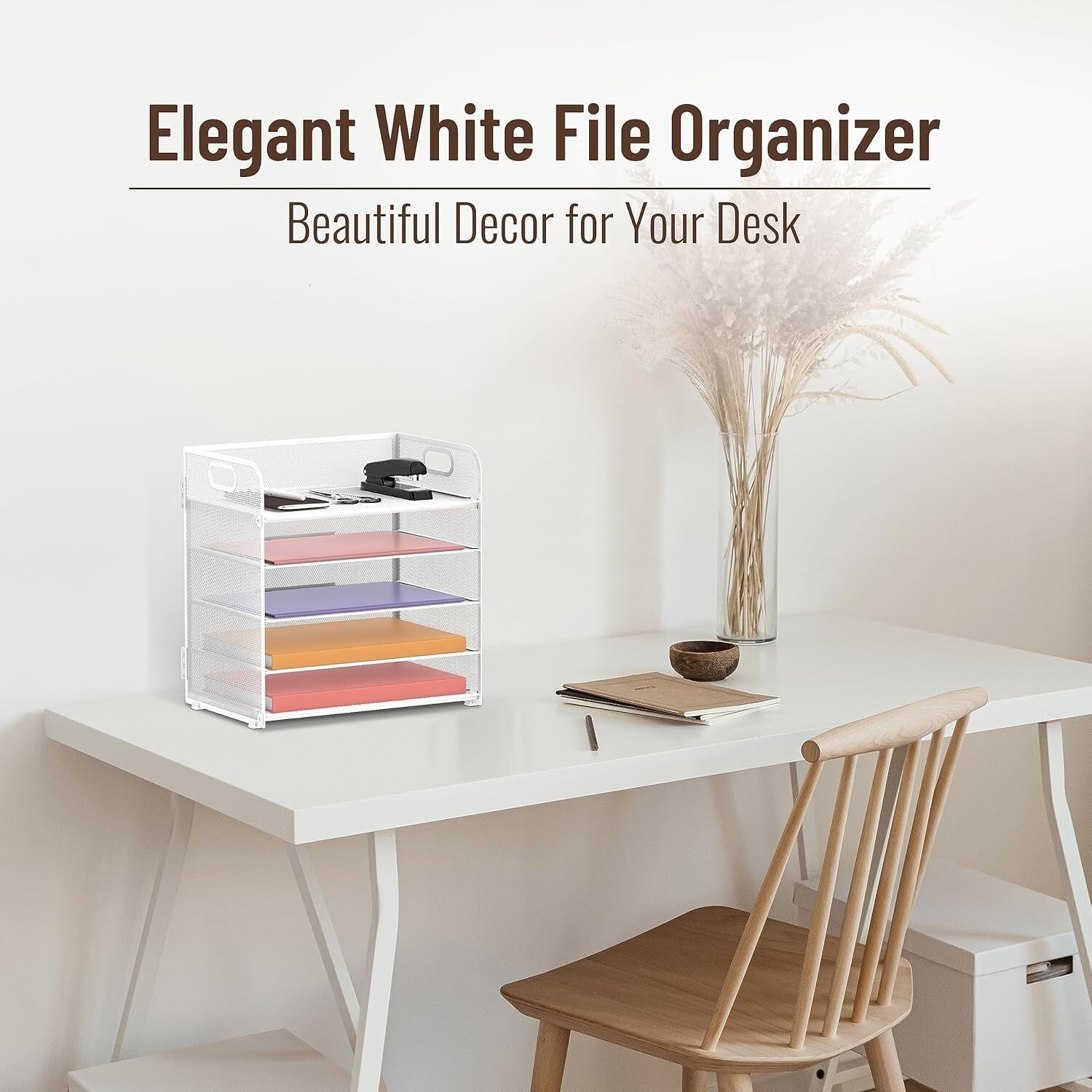 Chic 5-Tier Letter Tray Desk Organizer - Elegant White Metal for School & Office