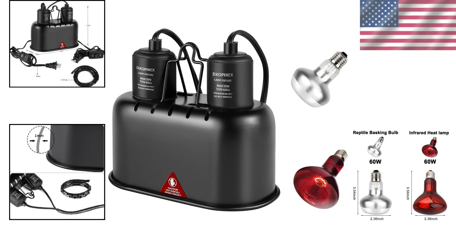 Premium Aluminum Dual Heat Lamp for Reptiles with 60W Basking & Infrared Light