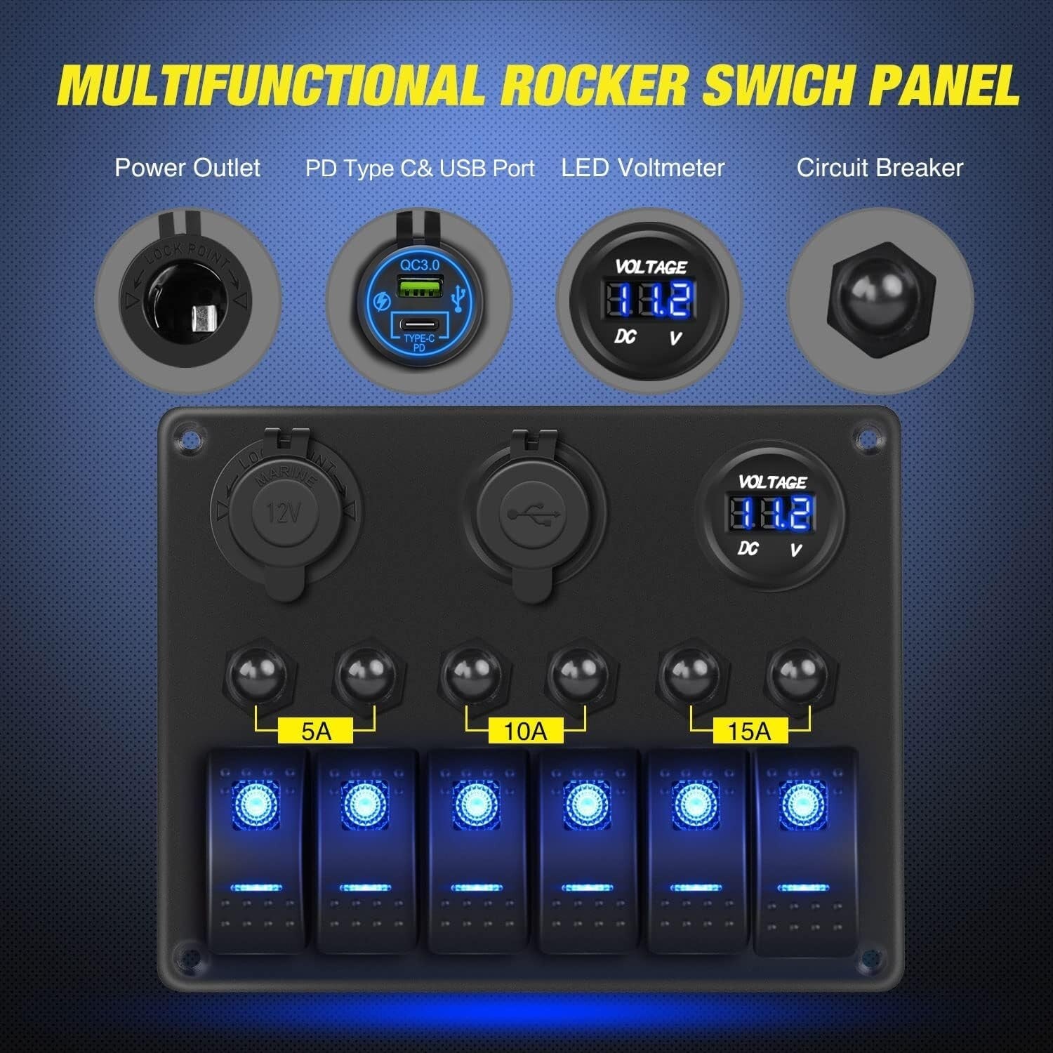 Pre-Wired 6 Gang Switch Panel Featuring LED Voltmeter & Cigarette Lighter Socket