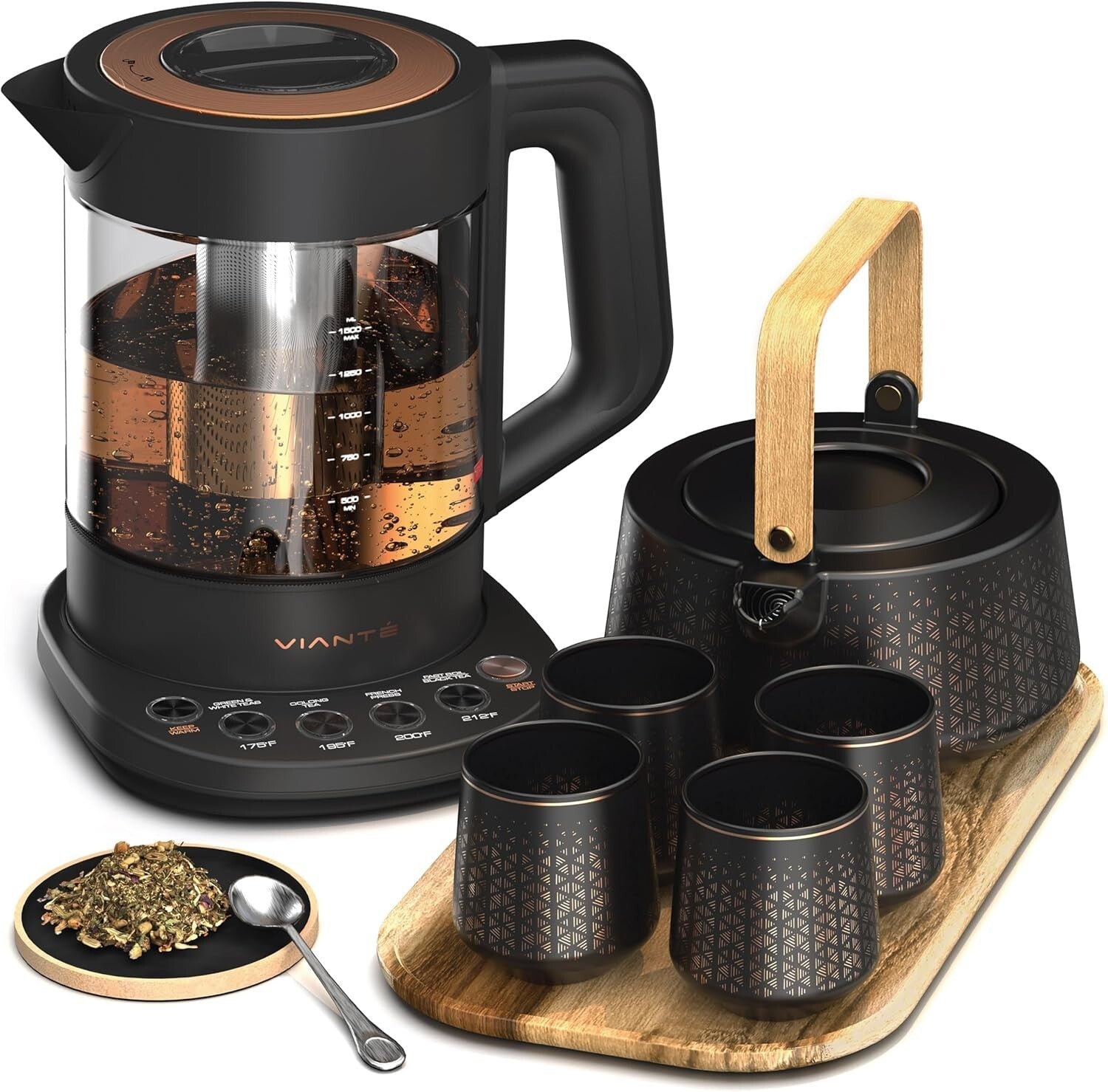 Deluxe Electric Kettle with Tea Infuser, Ceramic Teapot & Cups on Wood Tray