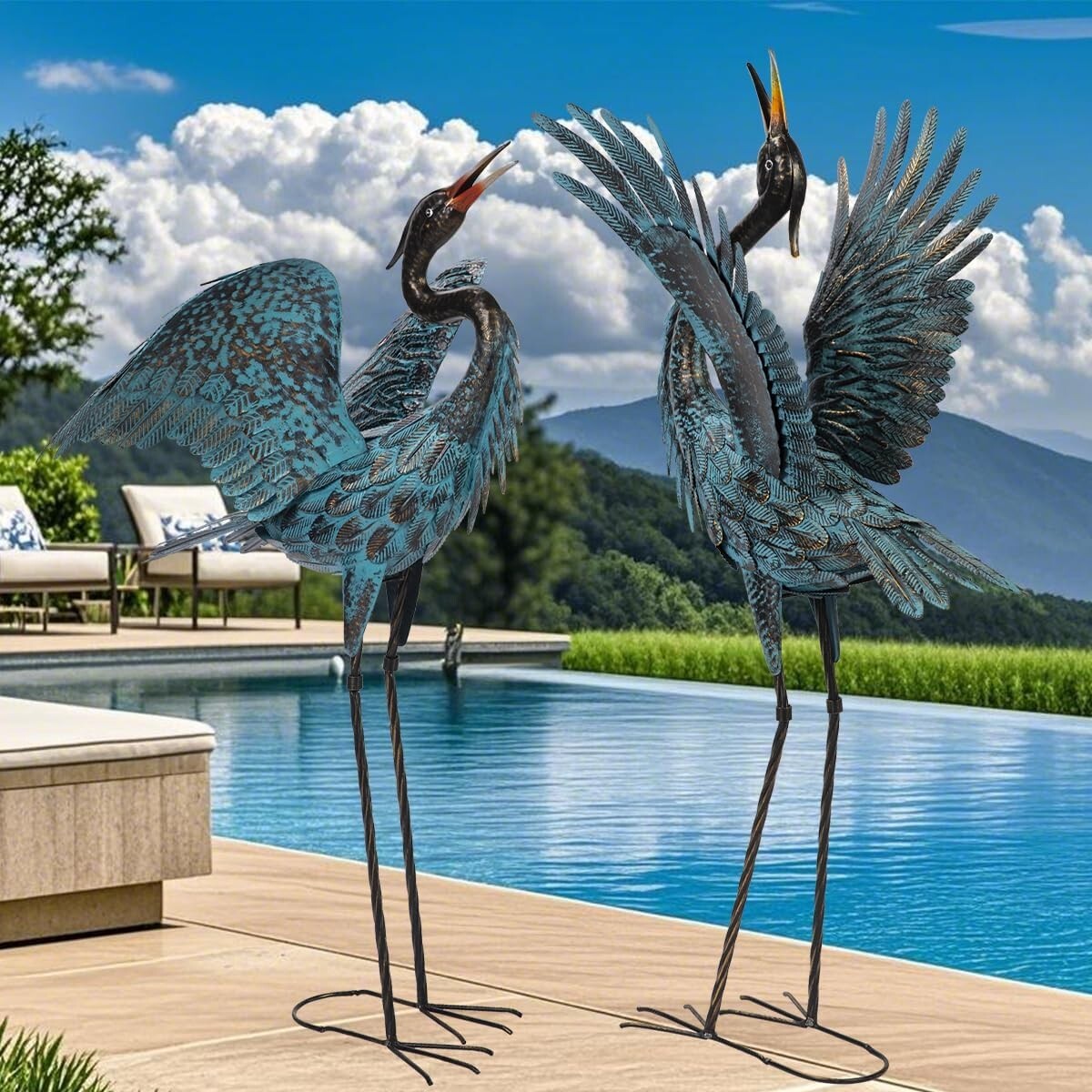 Vivid Blue Metal Crane Statues - Stunning Outdoor Garden Decorations Set