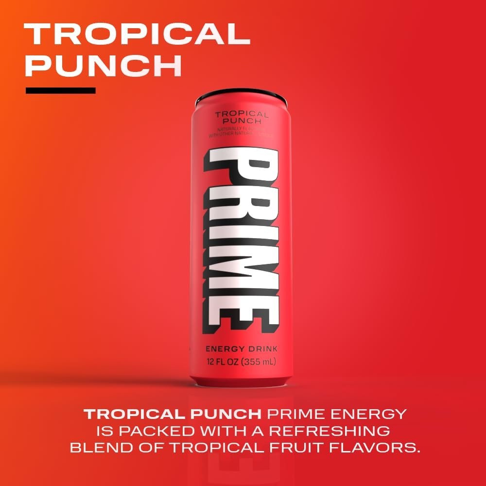 12-Pack PRIME Energy Tropical Punch - Hydrating Vegan Energy Drink with No Sugar