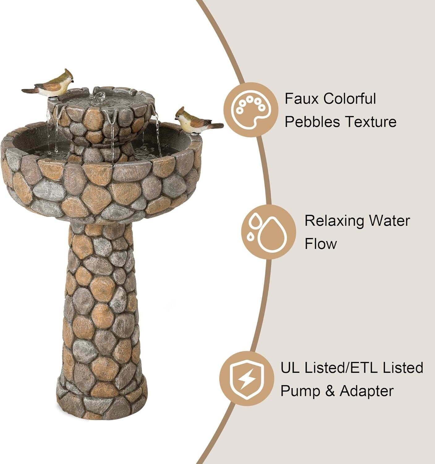 Lifelike Birds Decorated 2-Tier Faux Pebbles Fountain—Stylish Addition to Patios
