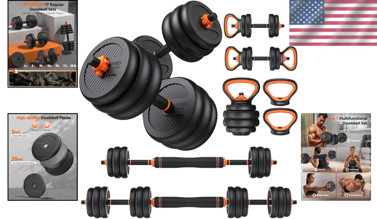 5-in-1 Adjustable Dumbbell Set: Versatile 20/30/40/45/70/90lbs Fitness Equipment