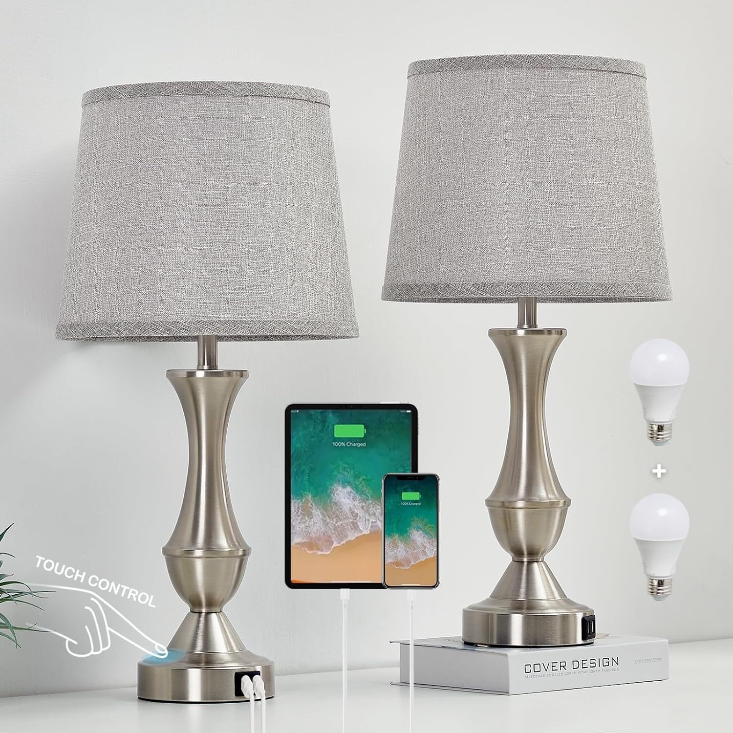Elegant 22" Table Lamps Set with Touch Control and USB Charging - Silver & Grey