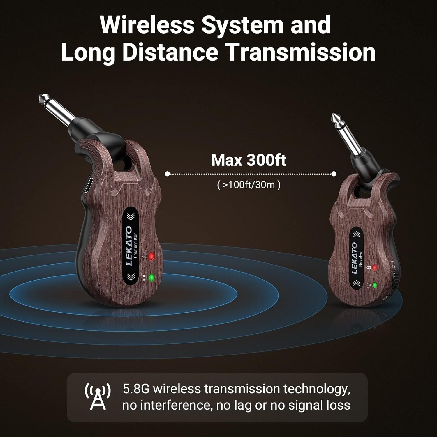 Rechargeable Wireless Guitar Transmitter & Receiver - 4 Channels, 100ft Range