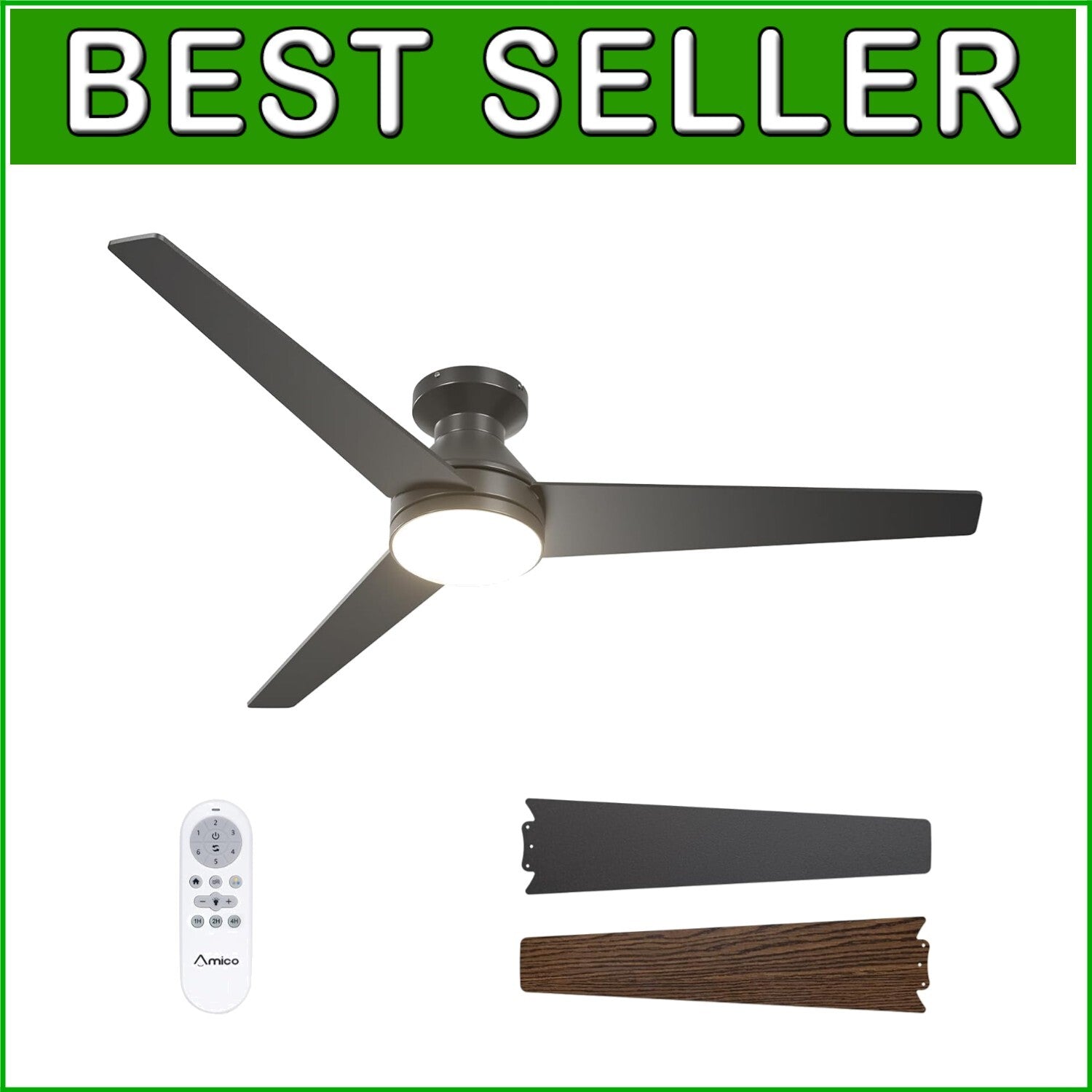 52 Inch Black Ceiling Fan with Lights & Remote - Quiet, Dimmable, Reversible