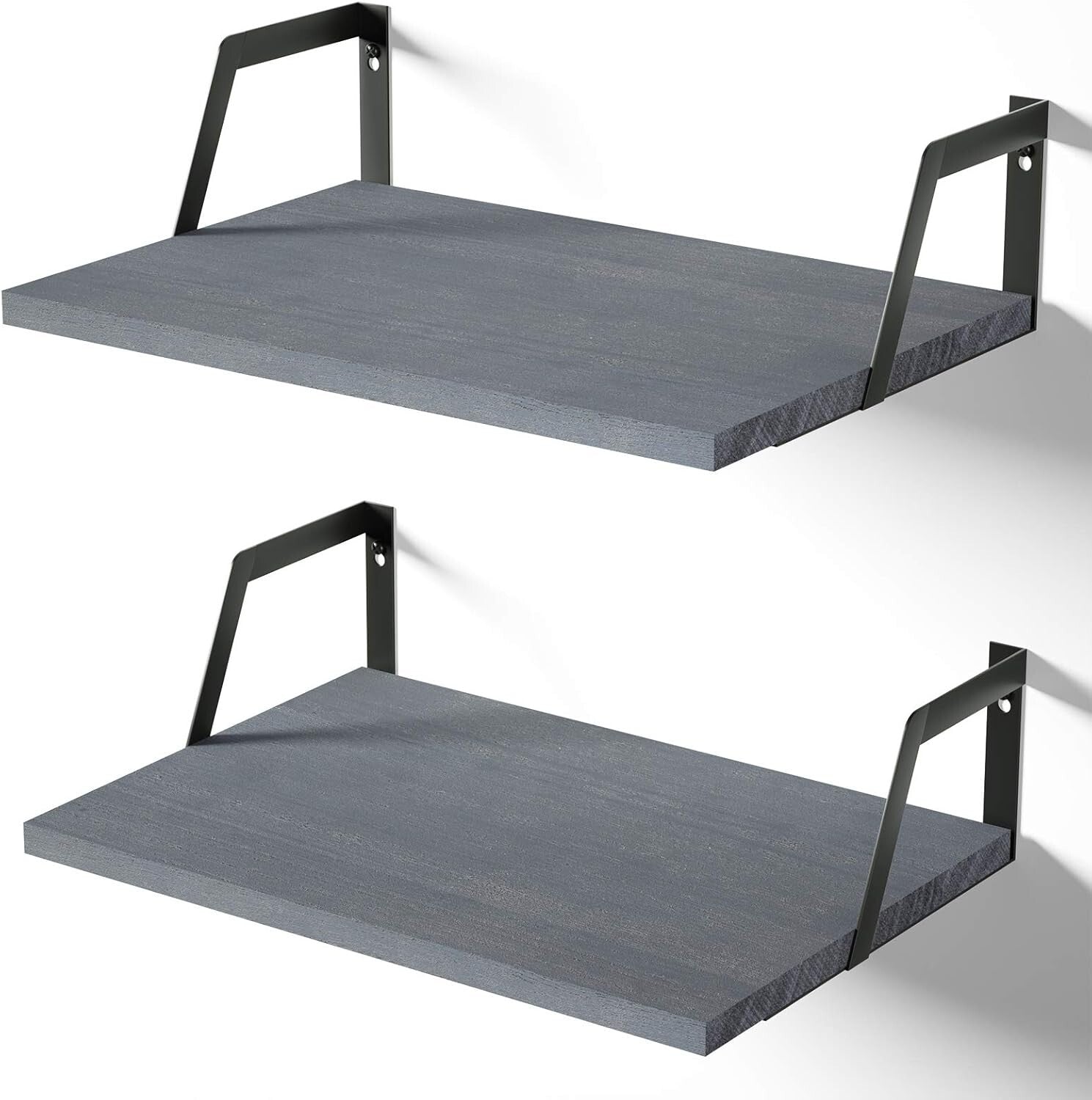 Rustic Floating Shelves Set of 2 - Weathered Gray Wood with Large Capacity