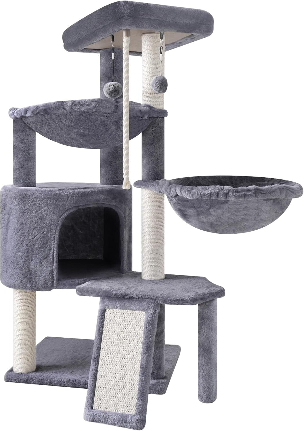 Stylish Grey Three-Level Cat Tree with Two Relaxing Hammocks & Condo Space