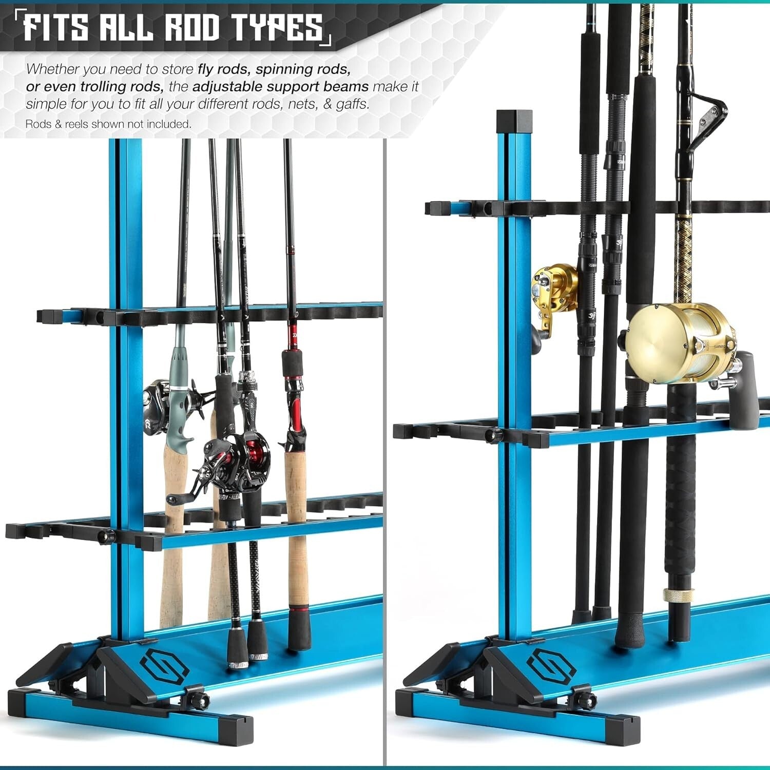 Premium 24-48 Slot Aluminum Fishing Rod Organizer - Easy Assembly Included