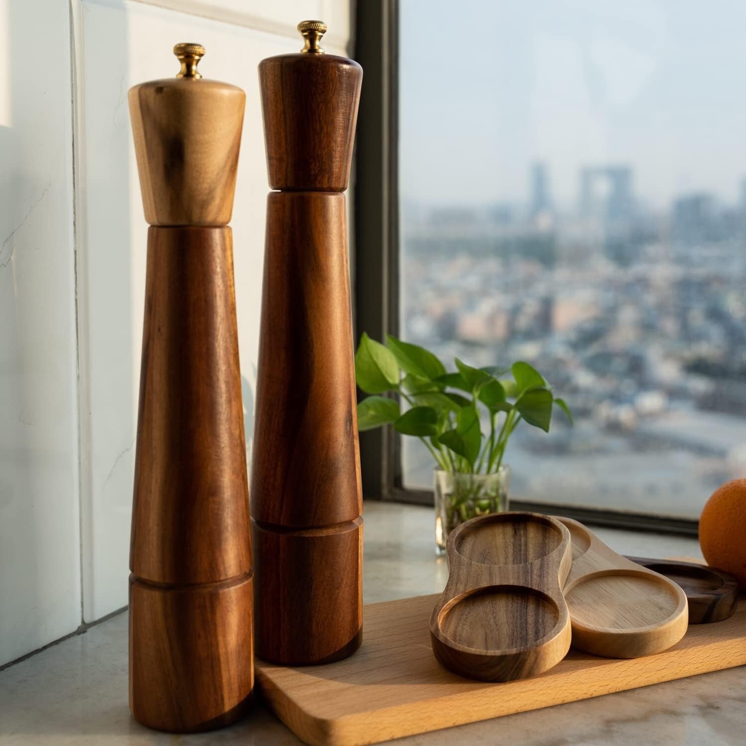 Elegant Acacia Wood Salt and Pepper Grinder Set with Adjustable Ceramic Mill