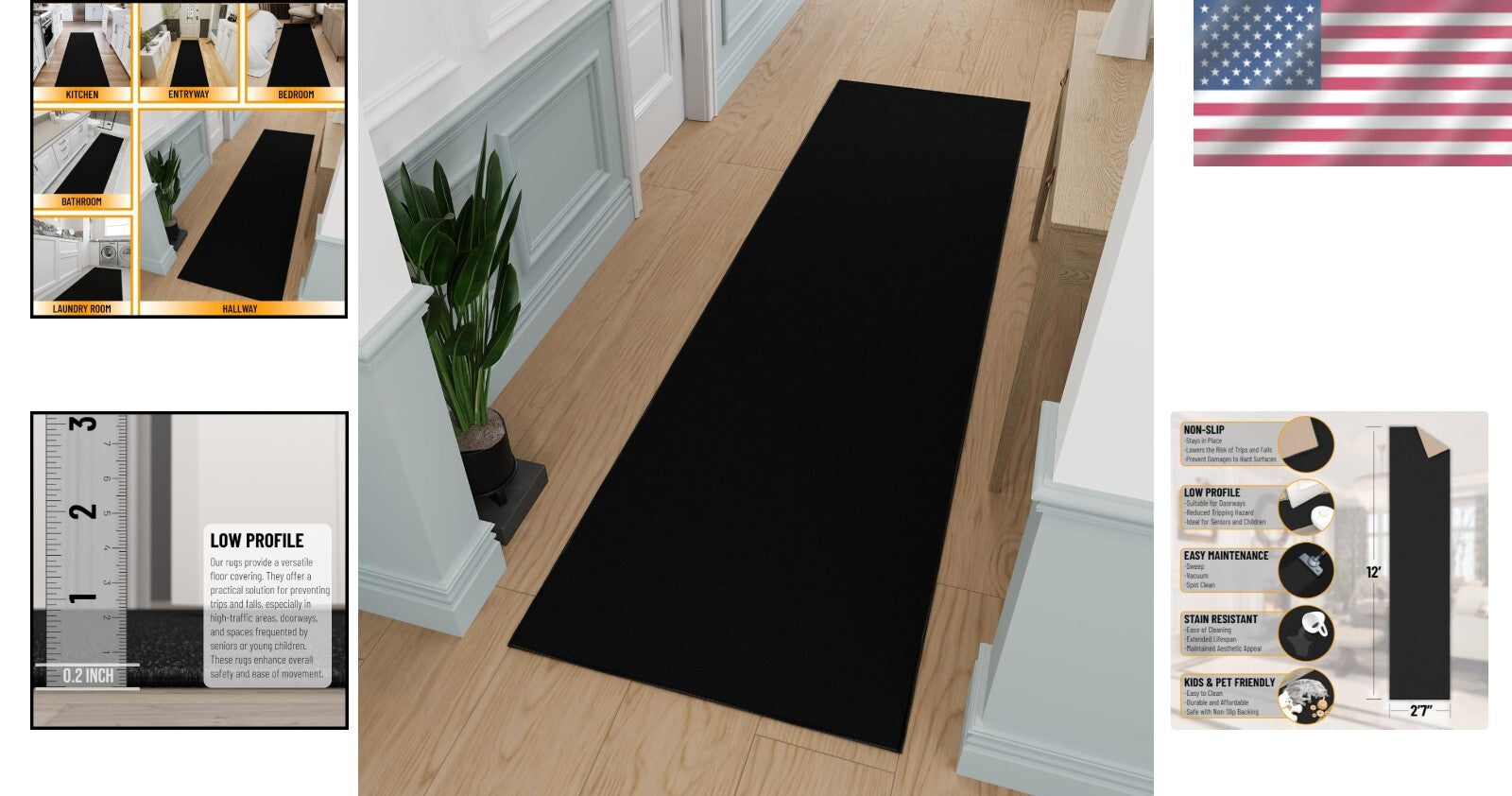 Durable Low Pile Runner Rug - Machine Washable, Non-Slip, 2'7" x 12' in Black